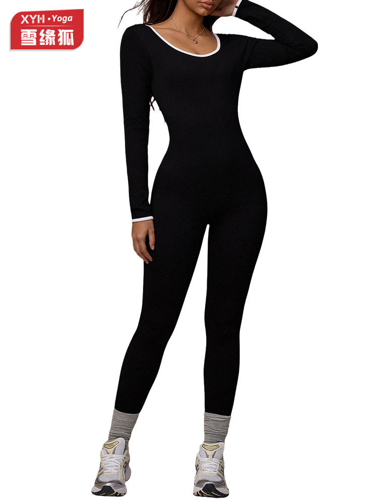 Europa y los Estados Unidos de color contrastante hermosa espalda manga larga ropa de yoga para mujeres al aire libre delgada abdomen corren deportes elevar las caderas pantalones de unidad