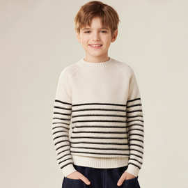 秋冬山羊绒衫加厚圆领儿童经典条纹针织打底衫撞色中大童宝宝毛衣