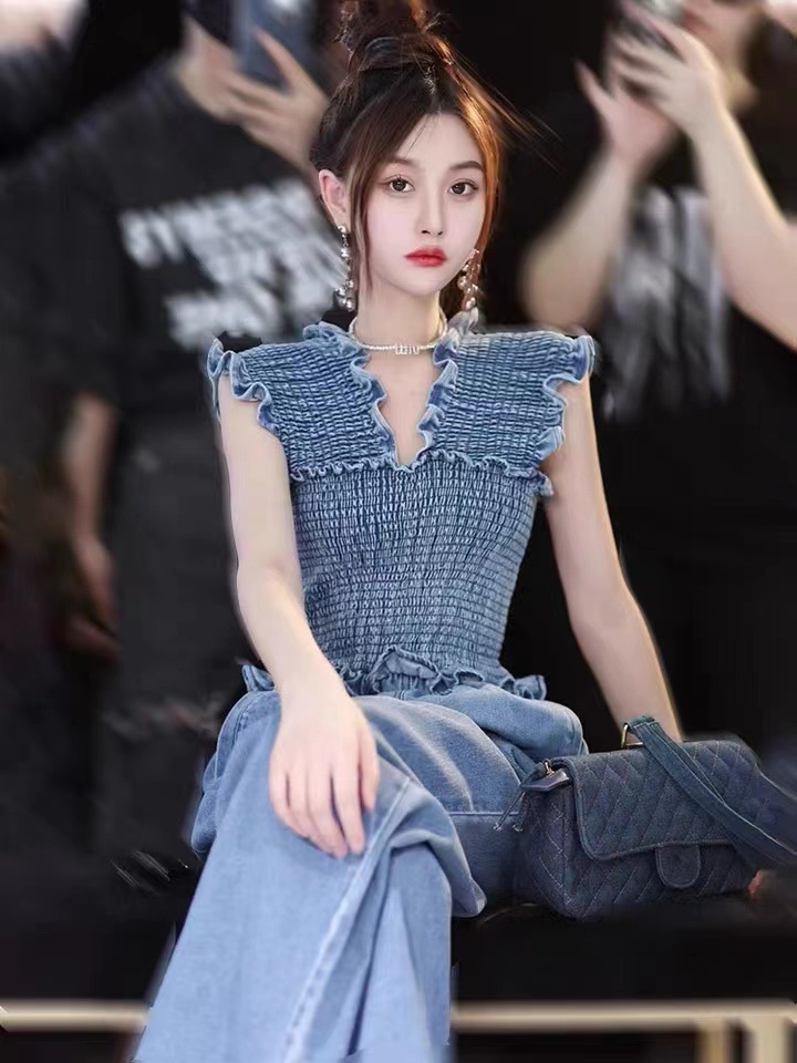 Bộ jumpsuit denim mùa hè FL222347 dành cho nữ, phong cách nhẹ nhàng sang trọng, tôn dáng, kiểu dáng mới thời trang — Màu xanh lam