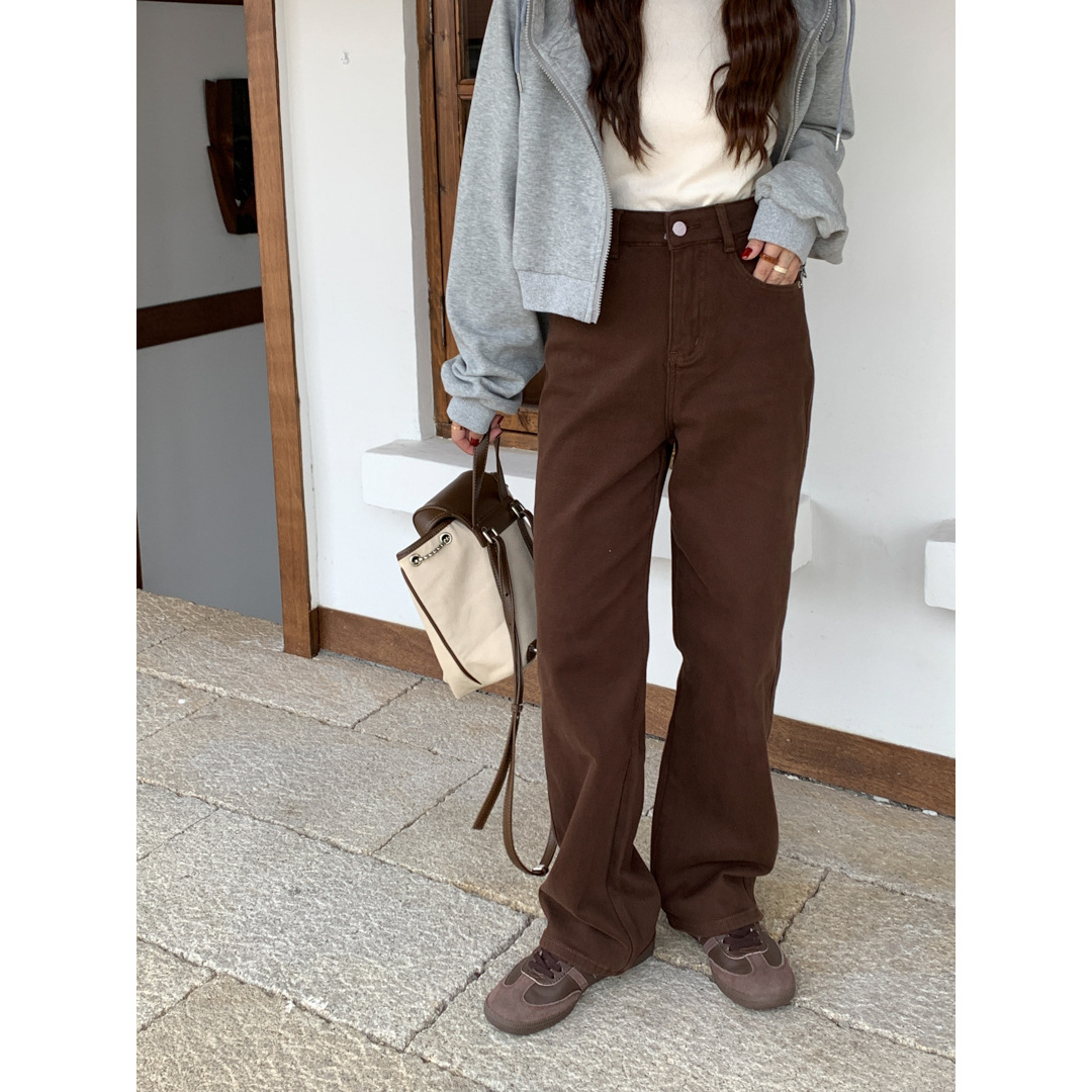 GAGD Maillard brushed straight jeans women's autumn and winter retro high waist slimming loose fleece-lined Denim pants