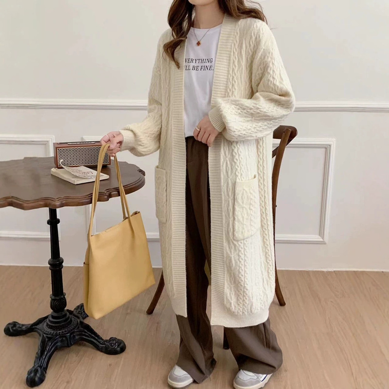 Lazy Style Long Over-The-Knee Sweater Coat for Women, Autumn and Winter Korean Style Retro Twist Loose Mid-Length Knitted Cardigan