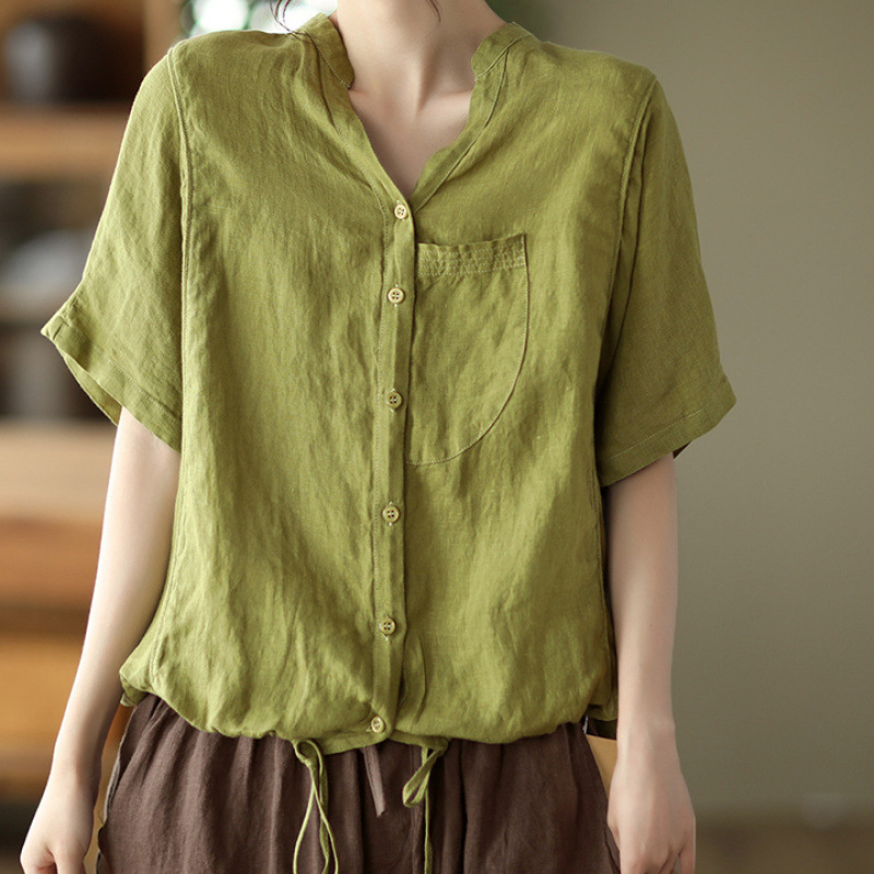 New vintage washed linen top for women, V-neck cardigan with drawstring hem, short-sleeved solid color shirt New vintage washed linen top for women, V-neck cardigan with drawstring hem, short-sleeved solid color shirt