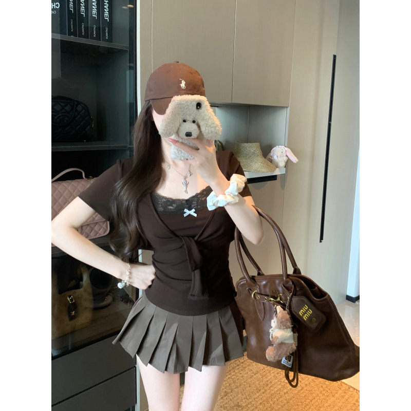 Brand Discount Plus-Size Summer New Style Pure Desire Style Bow-Tie Lace Vest + Short-Sleeve Cardigan with Tie-Up Set