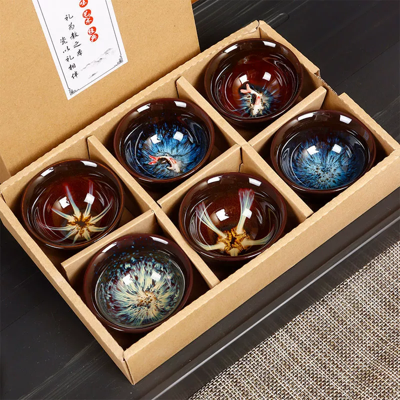 Изменяв печь Master цвет глазурованная чайная чашка с высоким значением сети Red Jianzhan Tea Cup Dougao Cup Little Tea Cup Полный набор подарочных коробок