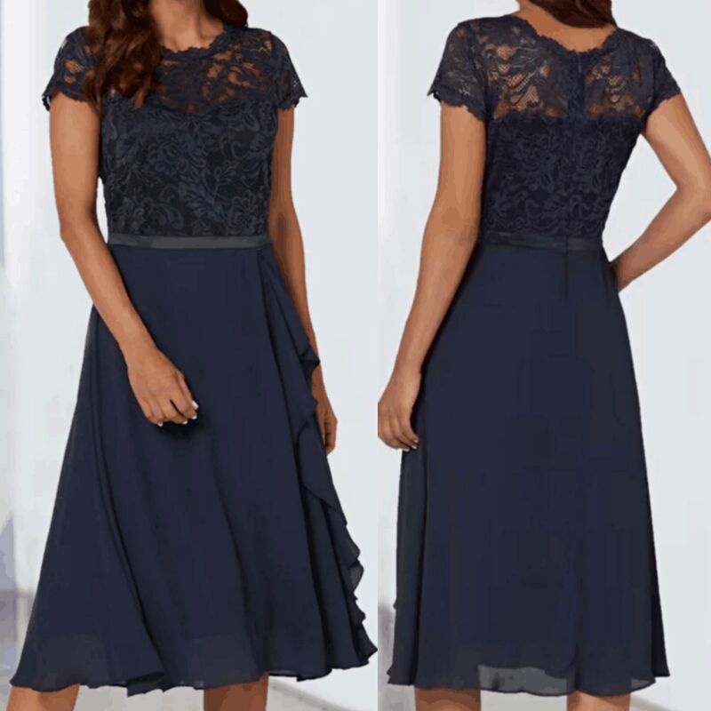Amazon Independent Site 2026 Summer New Round Neck Solid Color Short-Sleeved Dress Elegant Lace Chiffon Dress Amazon Independent Site 2026 Summer New Round Neck Solid Color Short-Sleeved Dress Elegant Lace Chiffon Dress