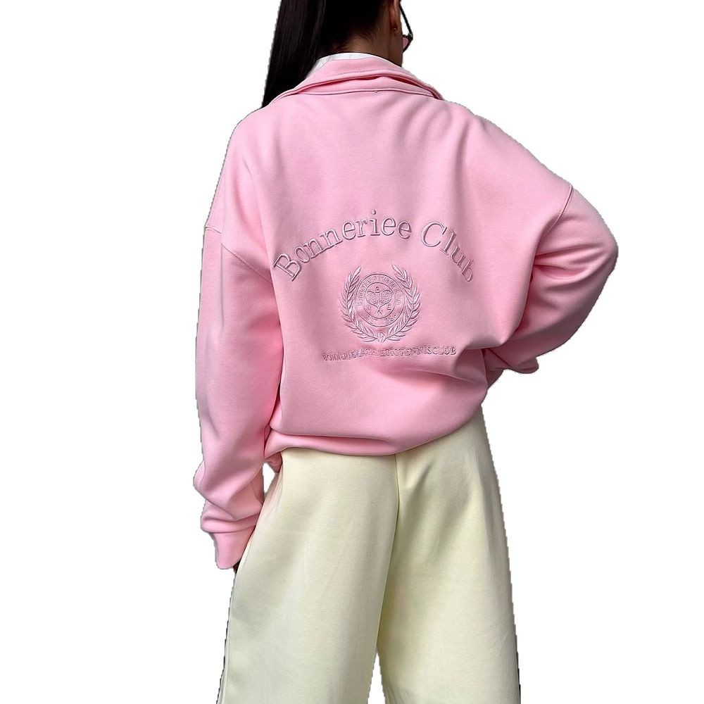 2025 Spring Autumn Candy Color Series Letter Embroidered Sweatshirt Front And Back Printed Lazy Half-Zip Top For Women_voghion.com