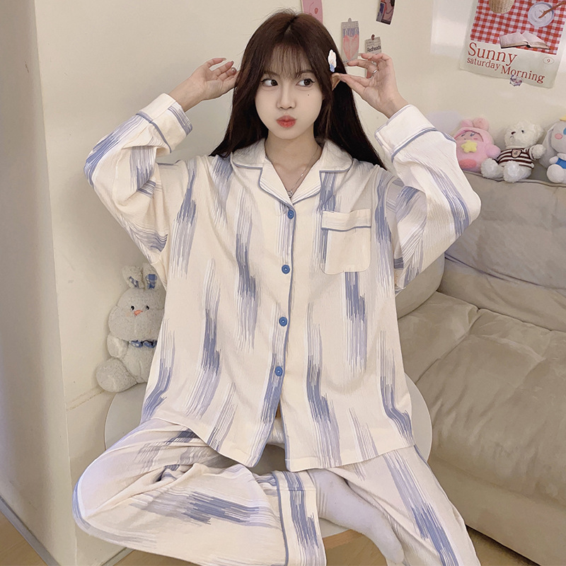 Estilo japonés fresco pijamas de las mujeres algodón solapa cardigan manga larga otoño y el invierno dulce simple linda chica desgaste del hogar traje