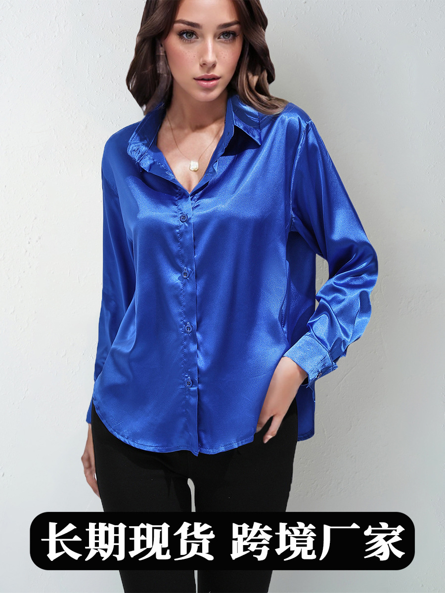 Camisa de satén para mujer, manga larga de seda de imitación de satén, blusa de color sólido explosiva de Amazon, camisa de solapa delantera con botones elegantes