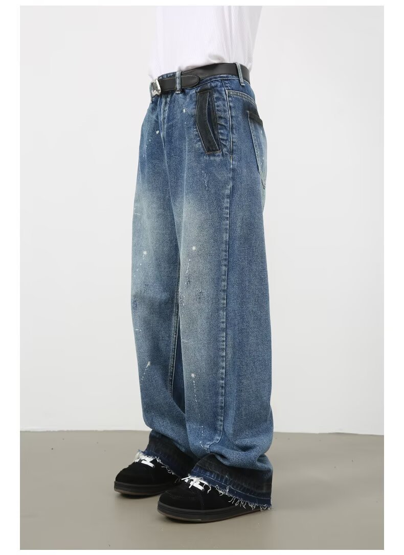 Men's Oversized Relaxed Fit Jeans Streetwear Splatter Wash Vintage Blue Paint Effect Denim (XS-3XL)_mkmklike.com