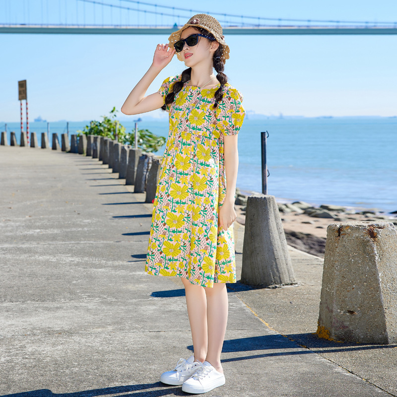 Vestido de verano fresco de las niñas Rosa inferior amarillo impreso vestido de algodón vestido suelto estilo de vacaciones niña princesa vestido de moda