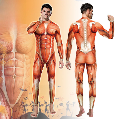 European and American new Halloween muscle cosplay stage performance costumes funny printed jumpsuit for men and women