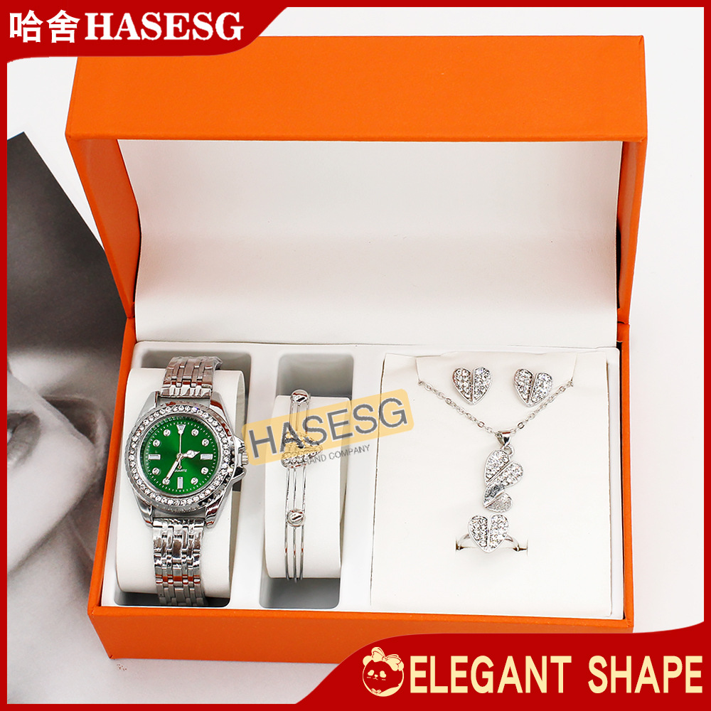 Women's steel belt quartz watch necklace suit five-piece set green face dial Diamond Women's Watch wristwatch