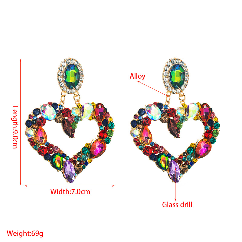 New Colored Glass Diamond Hollow Large Version Heart-shaped Pendant Earrings display picture 1
