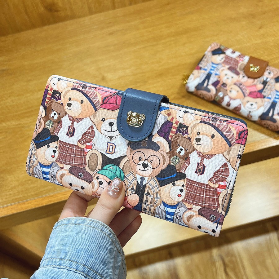 Cartoon Bear Long Wallet with Printed Pattern, Two Styles for Girls, Suitable for Daily Outings, Soft Texture, Portable with Clasp