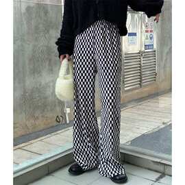 大码女装棋盘格百褶阔腿裤女2026新款休闲拖地裤垂感黑白格子长裤