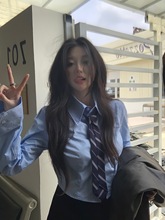 学院风蓝色polo领长袖衬衫女秋冬韩版修身短款衬衣小个子领带上衣