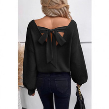 欧美跨境女装v领纯色毛衣 秋季外贸新款长袖休闲宽松蝴蝶结上衣女