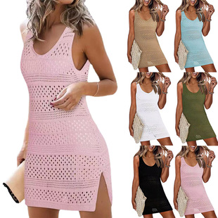Cross-border V-neck slim fit dress 2024 Summer new beach sun protection blouse women's hollow knitted vest skirt