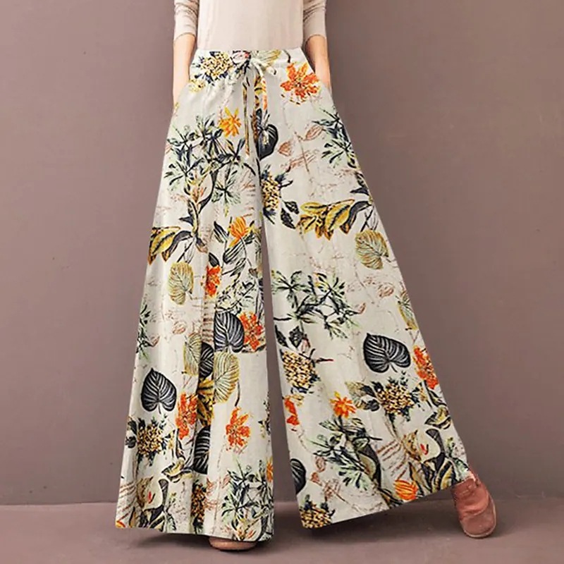 Printed Trousers Elastic Waist Casual Floral Women's Wide Leg Pant Long Pants