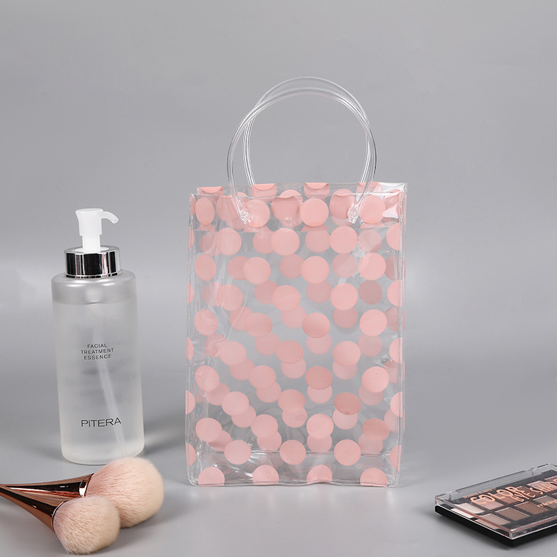 新款粉色圆点彩印塑料手提袋透明PVC化妆品收纳袋生日礼品包装袋