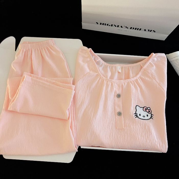 Nube de algodón primavera y otoño nuevo pijama de cuello redondo de mujer pantalones de manga larga dibujos animados dulce se puede usar ropa de casa dos piezas set