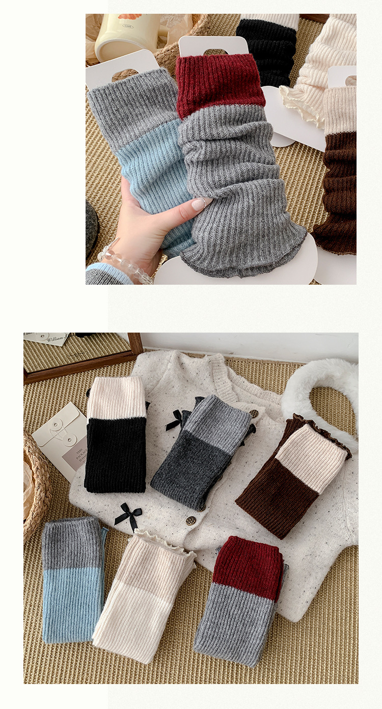Leg Warmers Bootshang Cotton Pile Socks For Women Contrast Color Knitted Wool Leg Warmers Autumn And Winter Thickened Warm Stitching Gray Calf Socks_voghion.com