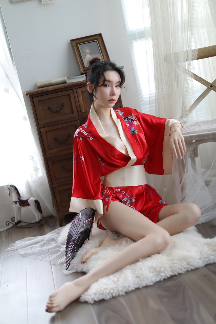 Japanese Print Kimono Robe Set with Thong and Belt, Polyester, One Size — detail image 29