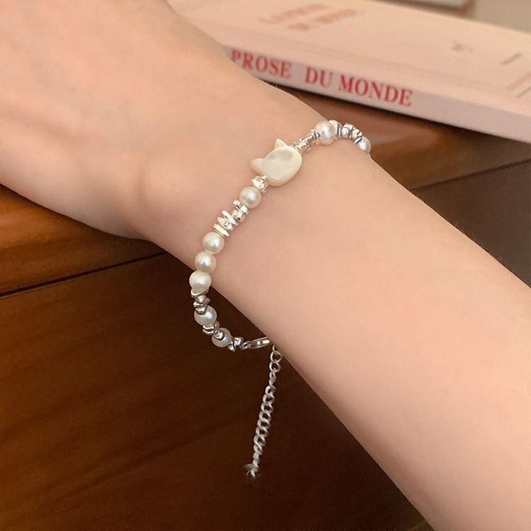 Handmade Silver Beaded Cat Bracelet Women's Light Luxury Niche Cute Ins Exquisite Girlfriend Gift