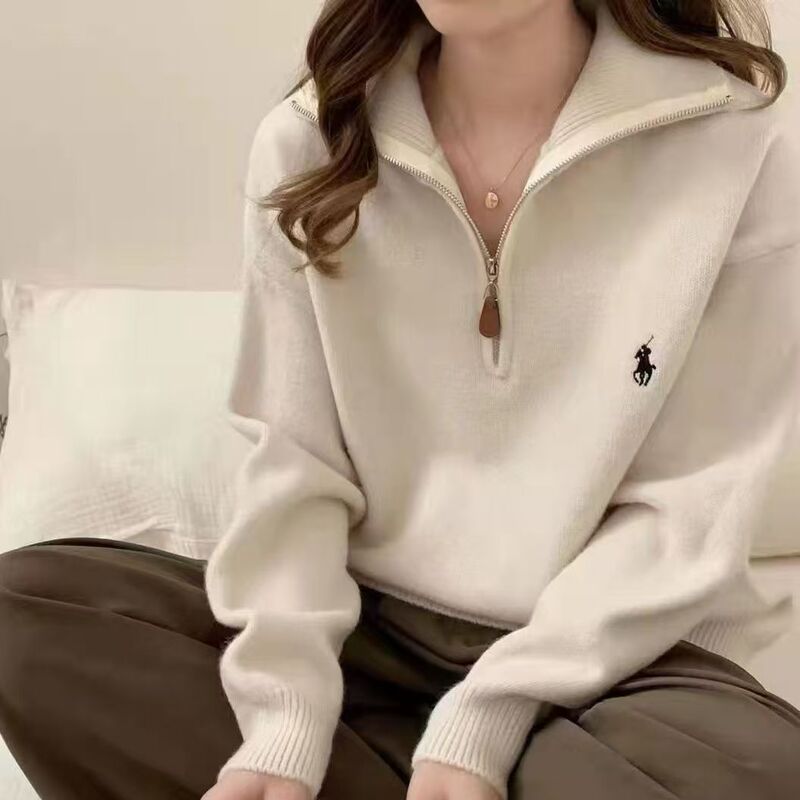 Korean Style Pony Embroidered Half-zipper Lapel Pullover Sweater Women's Autumn and Winter New Solid Color Casual Sweater Korean Style Pony Embroidered Half-zipper Lapel Pullover Sweater Women's Autumn and Winter New Solid Color Casual Sweater