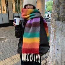 新款彩虹多巴胺马海毛流苏围巾撞色条纹糖果新款小红书同款流苏款