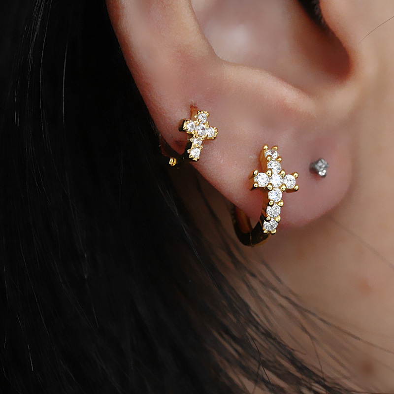 Sparkling Diamond Cross Hoop Earrings Unisex Geometric Jewellery_voghion.com