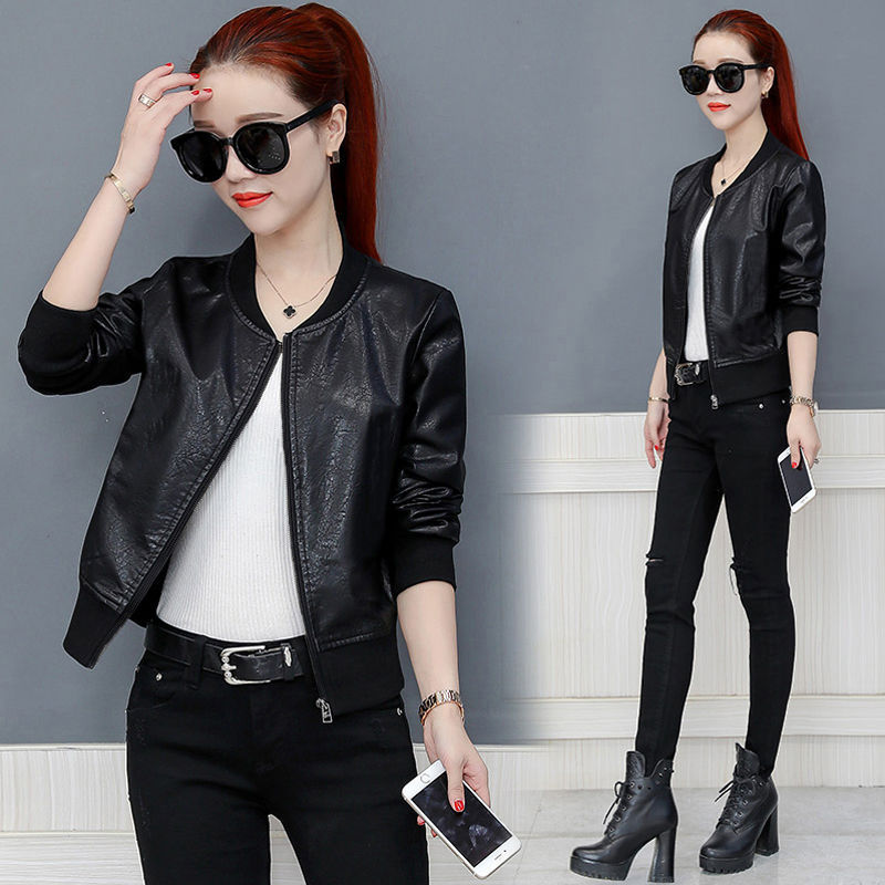 Thickened quilted short leather coat for women 2023 autumn and winter New Korean style loose baseball uniform leather jacket cardigan