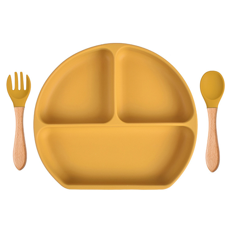 スポット分格子供食器ベビー吸盤シリコンボウル赤ちゃんスプーンストロー一体式シリコン皿|undefined