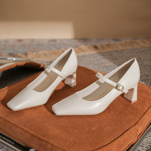 7610 fashion high heels chunky heel women's shoes 2024 new square toe strap versatile Mary Jane shallow mouth single-layer shoes for women