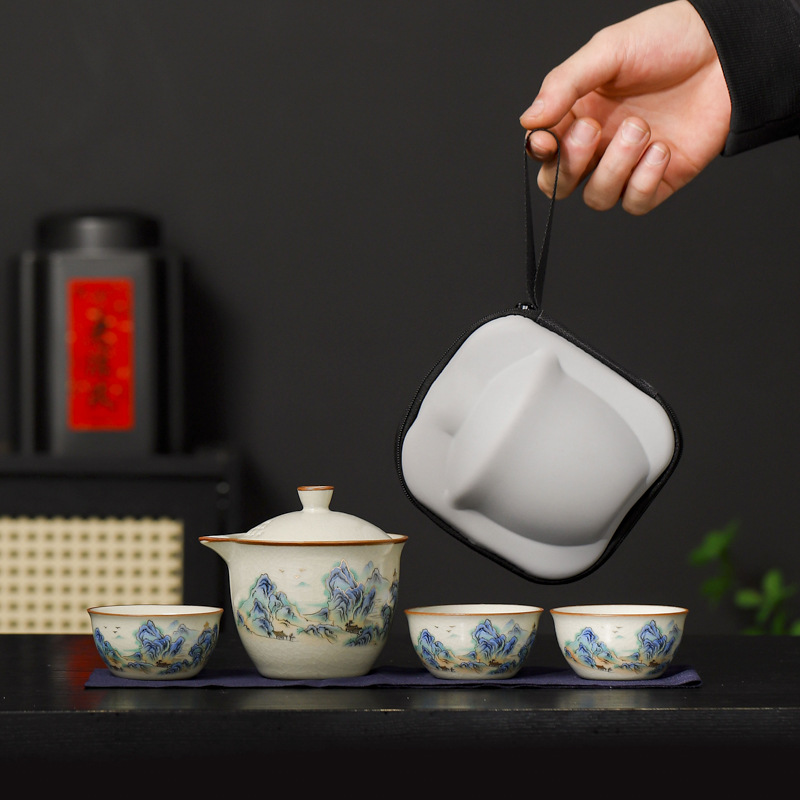 汝窑旅行茶具套装一壶三杯便携式户外露营陶瓷快客杯客户随手礼