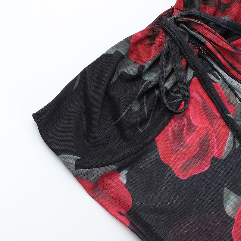 Mesh Printed Tube Top Mid Length Skirt Set Women Summer Slim Fit Women Clothing