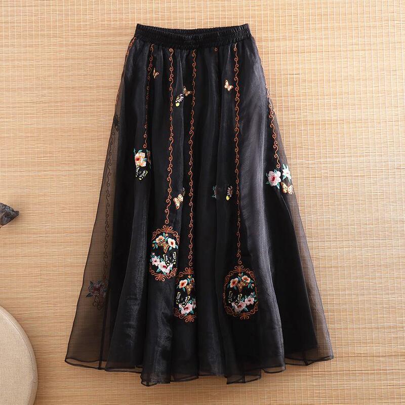 New Chinese Style Retro Skirt 2023 Summer New Fairy Skirt Embroidered Heavy Industry Antique Mid-length A- line Skirt for Women