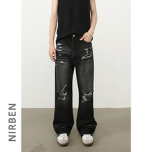 nirben牛仔| 美式复古高街水洗破洞牛仔裤男潮牌宽松直筒阔腿长裤