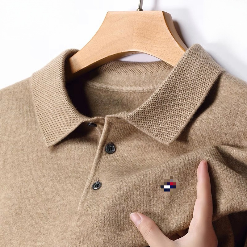 American Tommy Cashmere Sweater Men's Long-Sleeved Lapel Pure Color Embroider Plus Size Knitted Bottoming Sweater Versatile