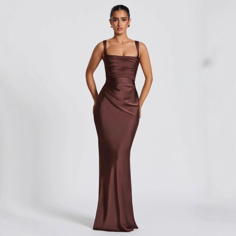 Cross-Border European and American Style Sexy Pleated High-End Slim-Fitting Suspender Dress Slimming Elegant Strappy Fishtail Dress