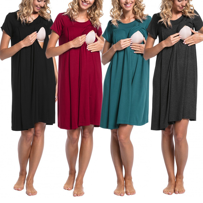 Cross-Border In-Stock European and American Maternity Hospital Gown with Short Sleeves and Hidden Side Openings for Breastfeeding and Nursing