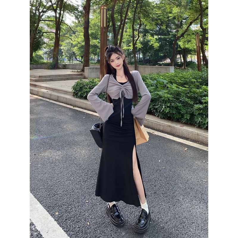 스파이스 걸스 스플릿 넥 슬링 원피스 여성의 2023 년 새 가을 순수 섹시한 슬림 슬림 쉬스 스커트