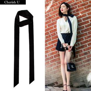 Solid color thin long narrow scarf women's all-match decorative small scarf long black belt hair band tie bag ribbon ribbon