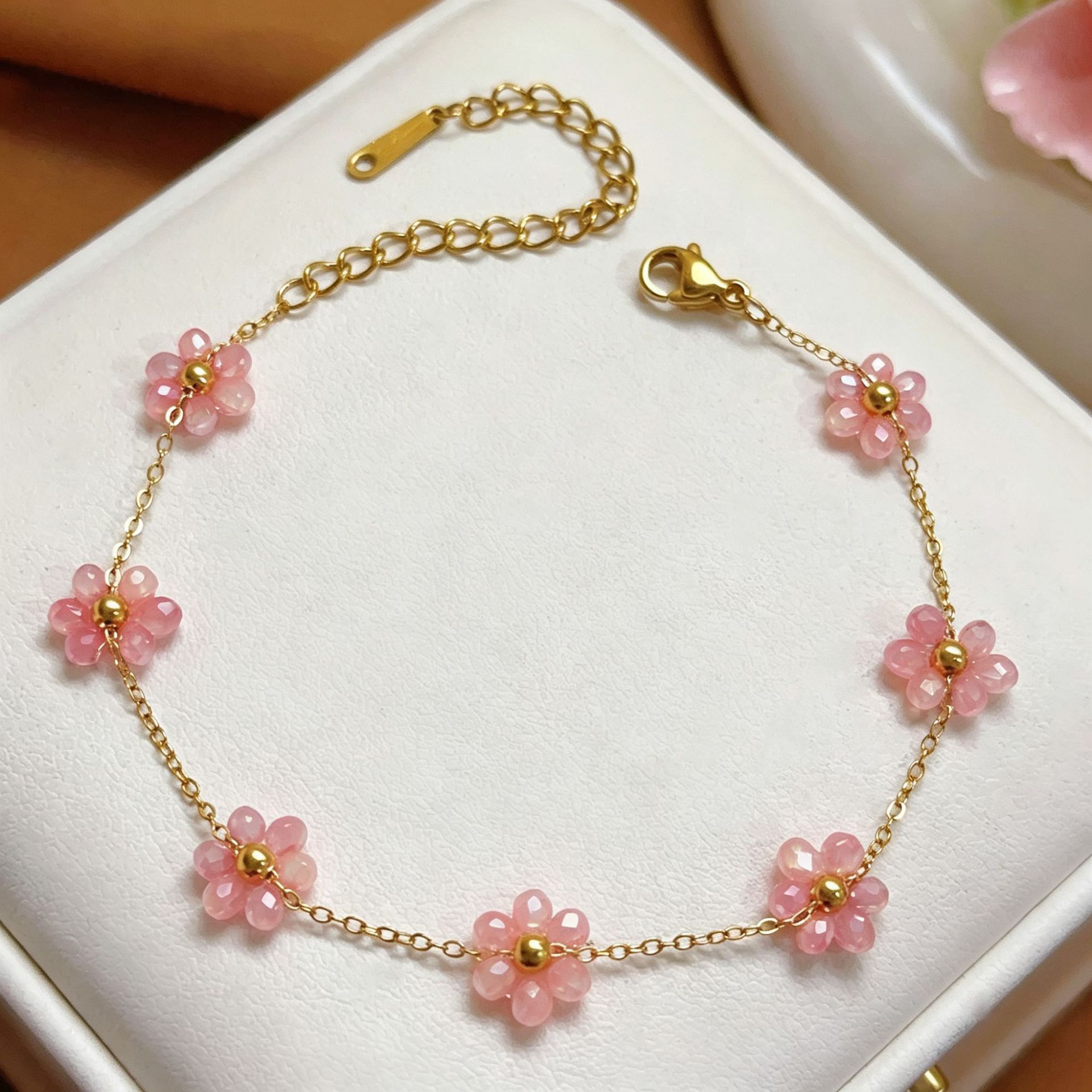 Boemia transfronteriza collar de cuentas pulseras tobillas hechas a mano niña pequeña flor perlas de vidrio titanio conjunto de joyería de acero image 7