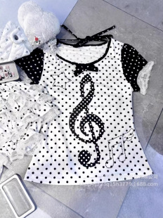 Cross-border Japanese subculture cute polka dot music print summer short-sleeved retro hottie y2k top slim design