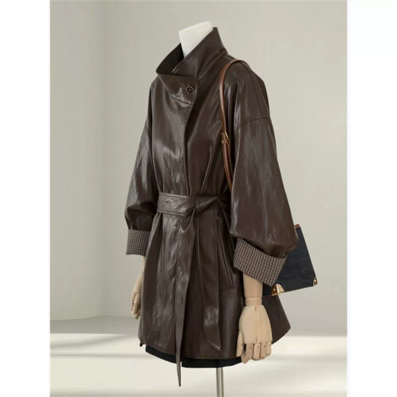 Coffee autumn polyurethane jacket, high-quality style, oversize, loose fit