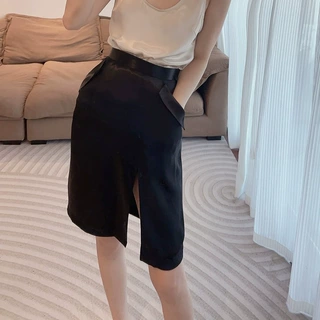 法式轻奢高腰缎面修身侧开叉包臀裙极简风翻折口袋干练半身裙中长