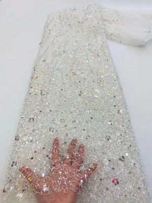 欧美花边白色连衣裙婚纱礼服珠子亮片绣花植物花型布料|ru