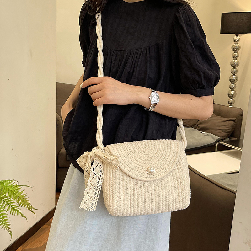 Bolso de tejido para mujeres 2024 nuevo verano cordón trenzado mochila de hombro bolso de hombro pequeño arco encantador