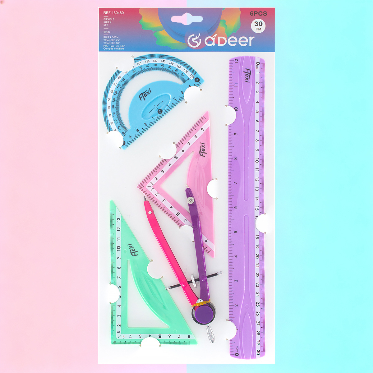 30cm马卡龙PVC耐折软尺六件套金属圆规铅芯文具套装厂家直销外贸